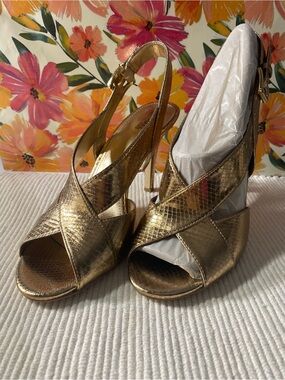 Michael Kors “Becky” Antique Gold Metallic Crisscross Slingback Heels